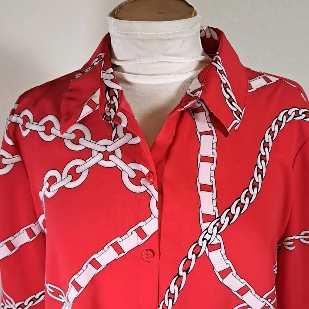 Susan Graver Women’s Size 10 Blouse Red White Chain Print Long Sleeve Top Tie Up